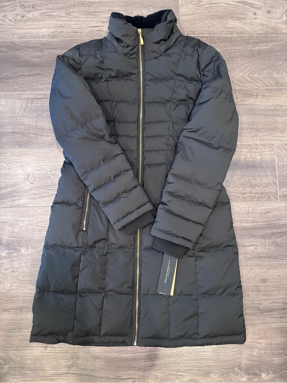 Donna Karan Black Quilted Long Puffer Coat with Gold Zip, flaw to hood